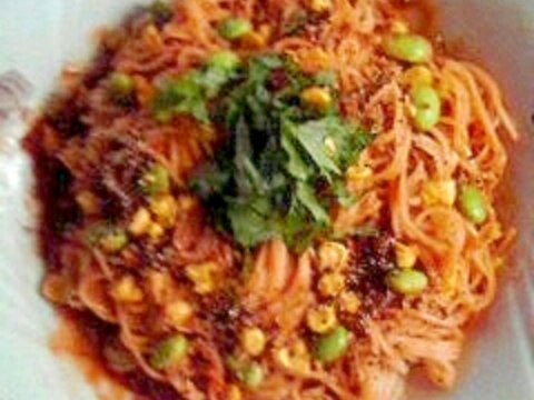 コーンと枝豆トマトソースの夏パスタ